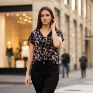 Fortune + Ivy Floral Black Blouse V-Neck Button Accent Flutter Sleeve Sz Medium